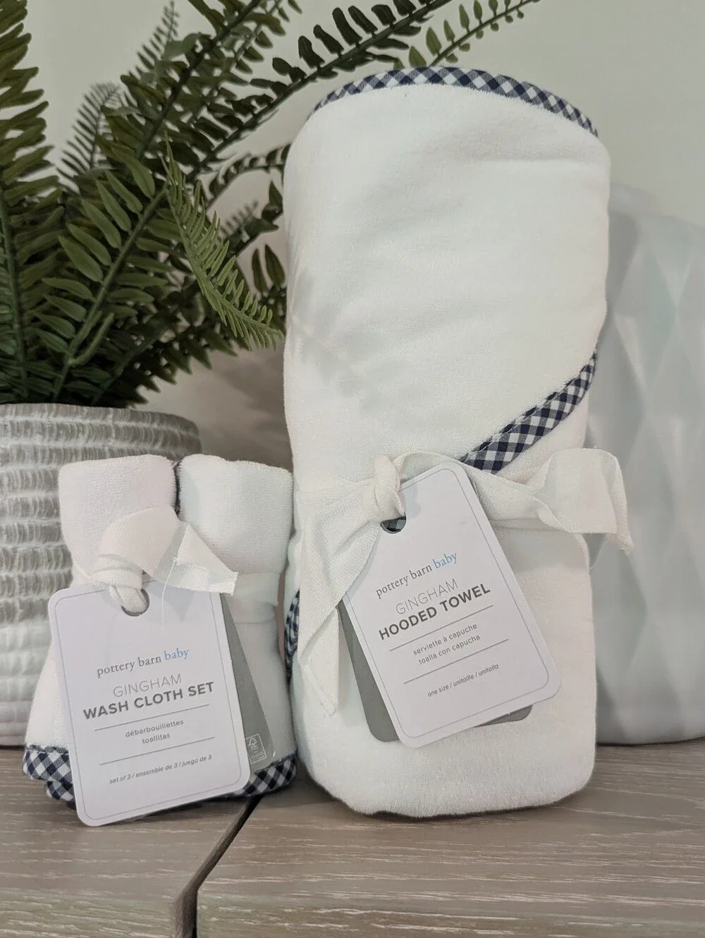 Pottery Barn Baby | White Hooded Towel & Navy Gingham-Trim Wash Cloth Set